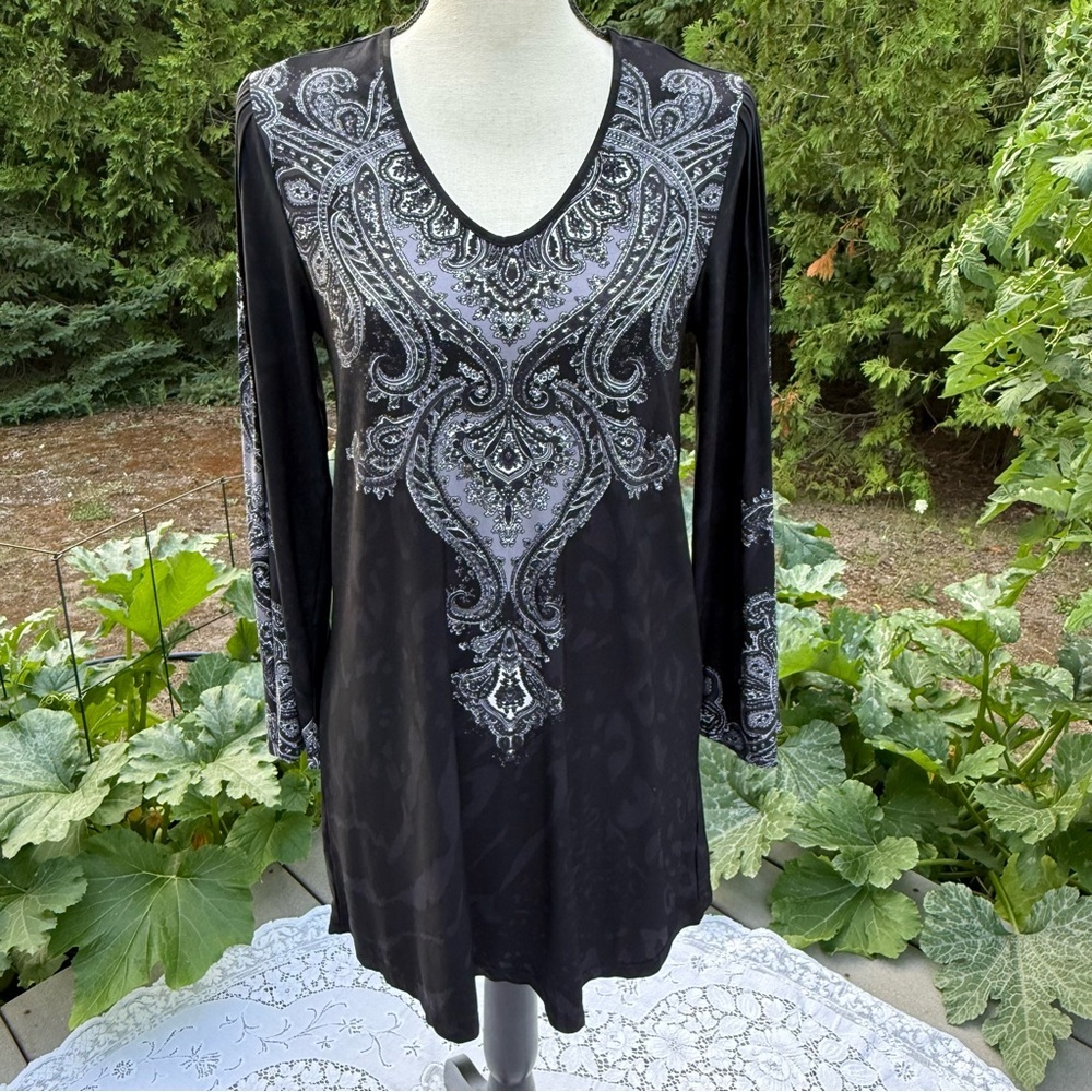 Citiknits Women’s Black and Silver Boho Bell Sleeve Tunic XS Whimsigoth